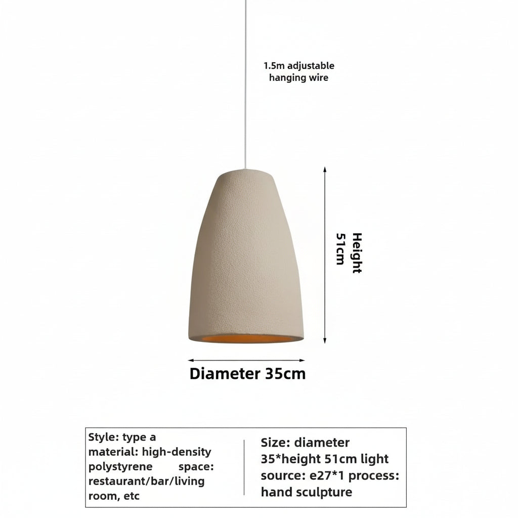 Beige pendant light with measurements on a white background
