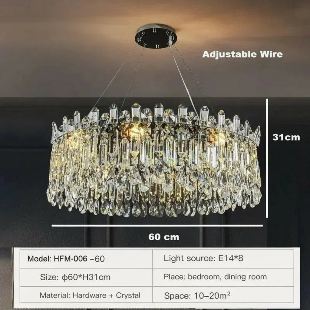Crystal chandelier with adjustable wire, dimensions, and technical specifications on a dark background