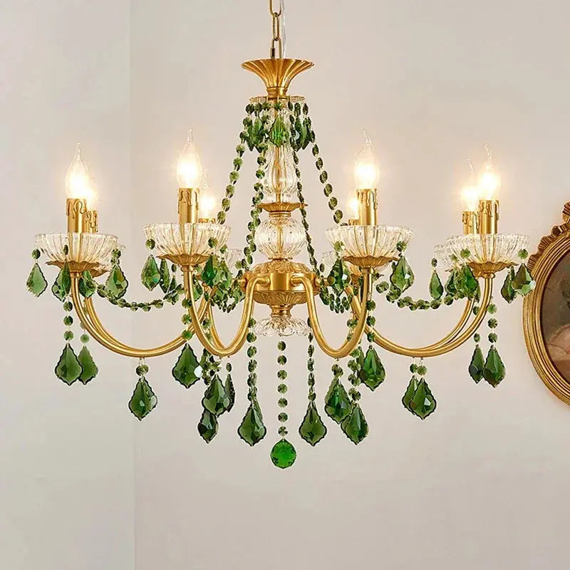 French Retro Copper Rreen Crystal Living Room Chandeliers Light Luxury Dining Room Bedroom Study Candle Pendant Lights E14 Lamps ChandeliersLife®