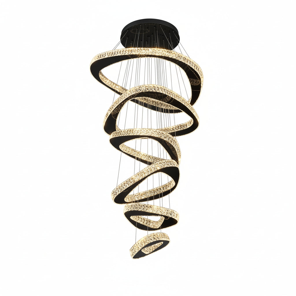 Spiral chandelier hanging in a modern interior setting