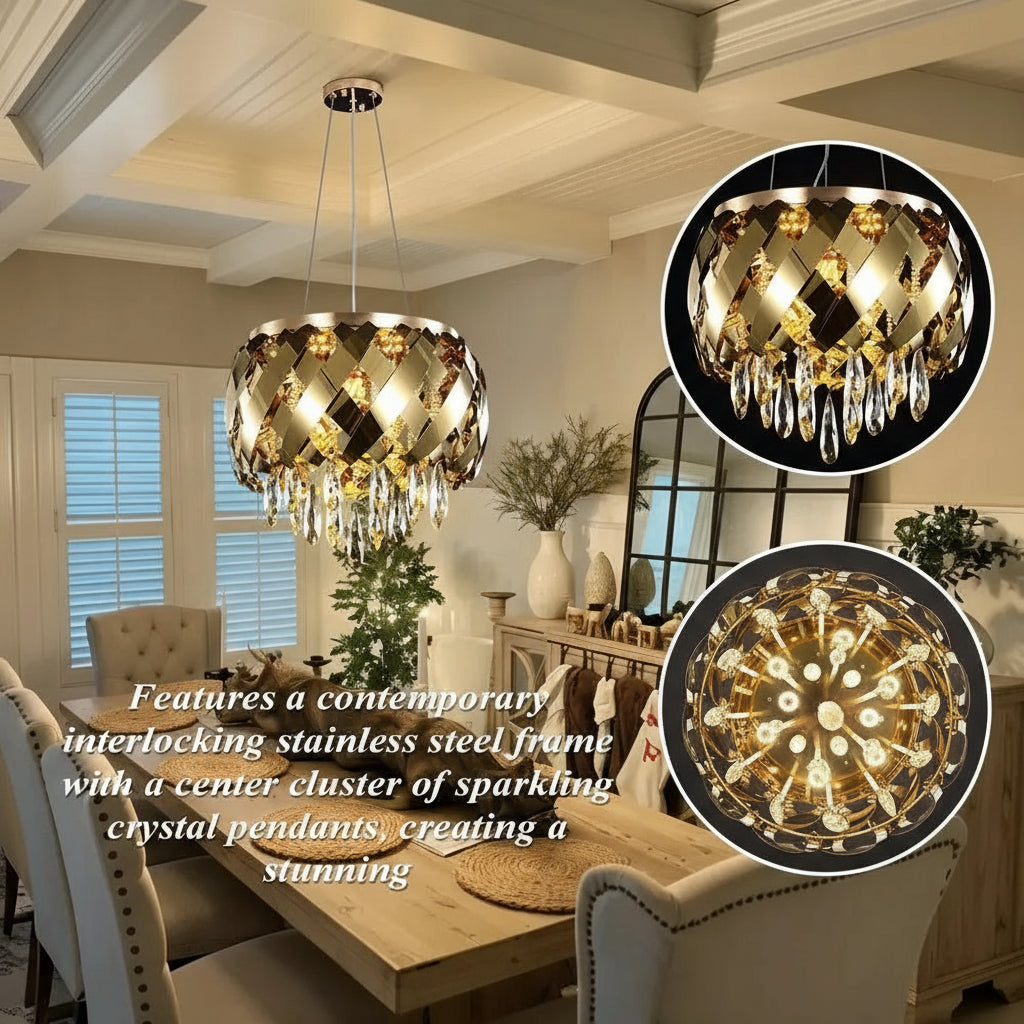 Chandelier in a room with dining table and chairs, featuring close-up details.
