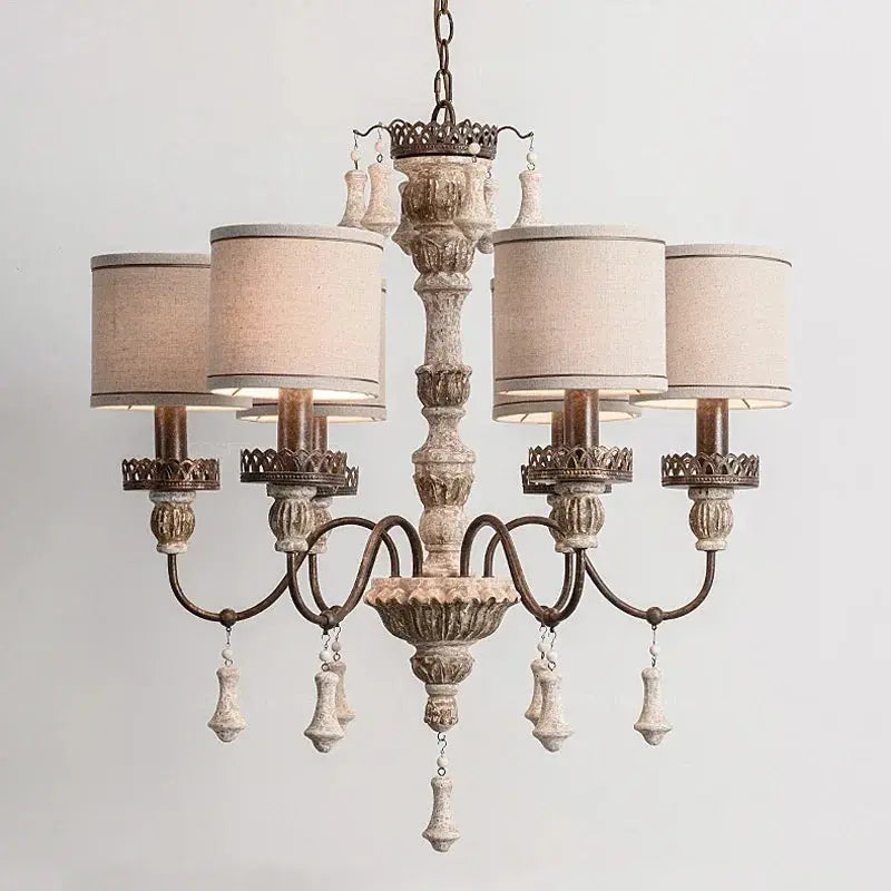 Retro Wood Chandelier With Fabric Shade