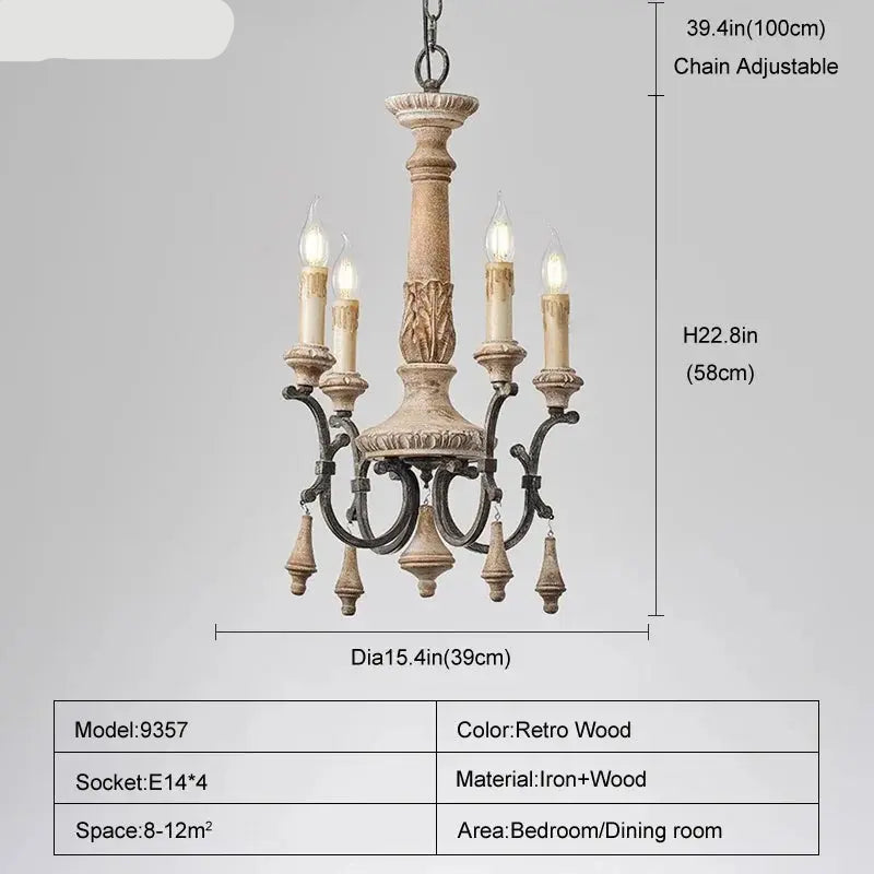 Wooden chandelier with dimensions and specifications on a gray background
