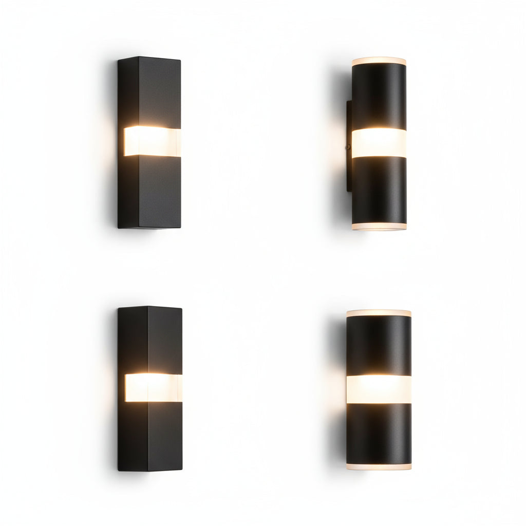 Outdoor LED wall light with E27 bulb replacement and IP65 waterproof rating on a gray wall.