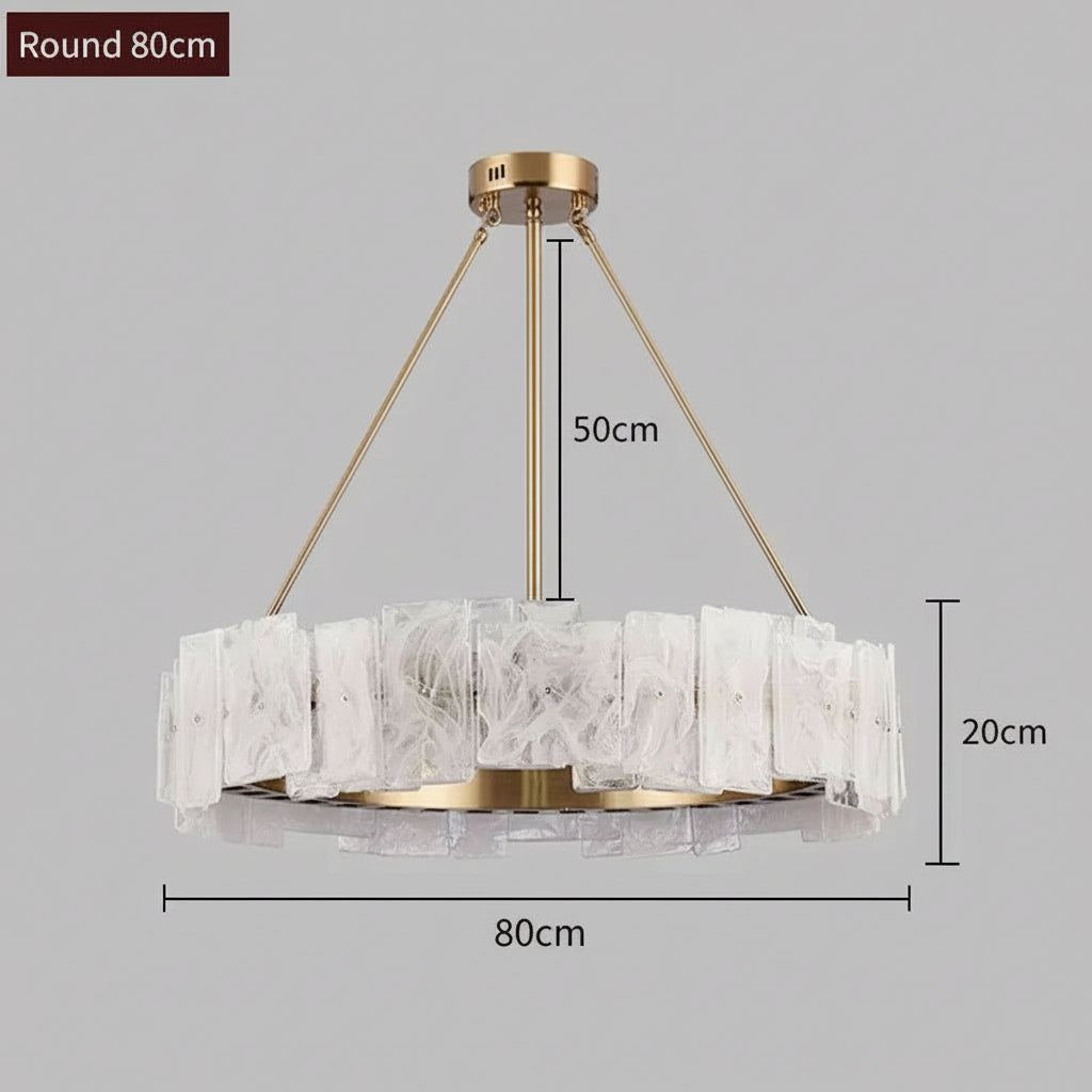 Decorative pendant light with marble-like design and gold accents, shown with dimensions on a gray background.