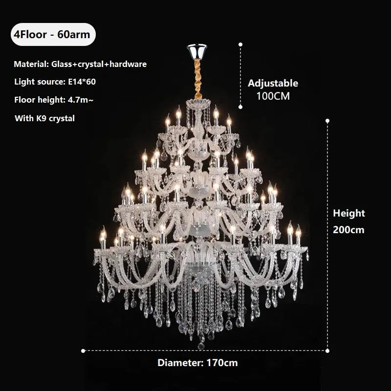 Crystal chandelier with dimensions and material details on a black background