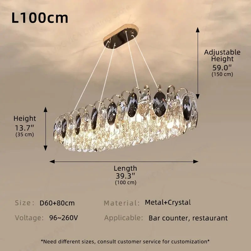Chandelier with dimensions and specifications on a neutral background