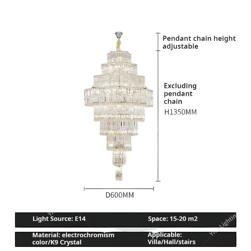 Chandelier with dimensions and specifications on a gray background