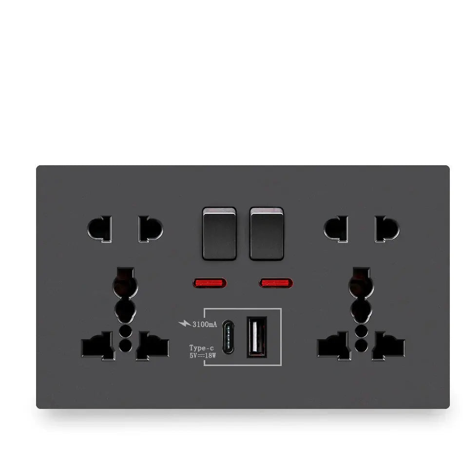 Gray electrical outlet with multiple sockets and switches on a white background, featuring the brand