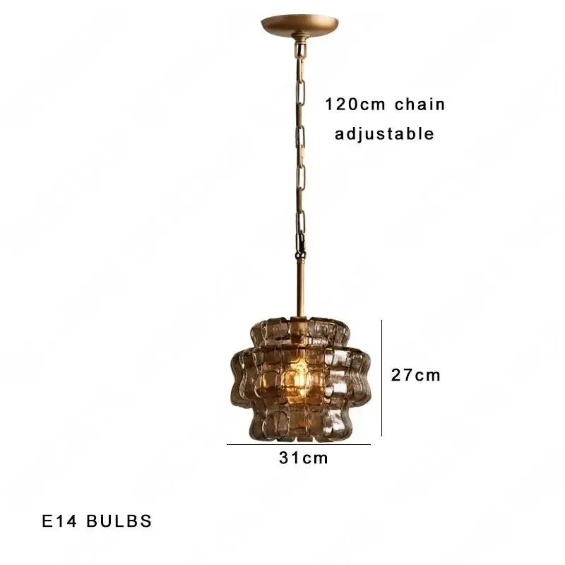 Pendant light with dimensions and bulb type information on a white background