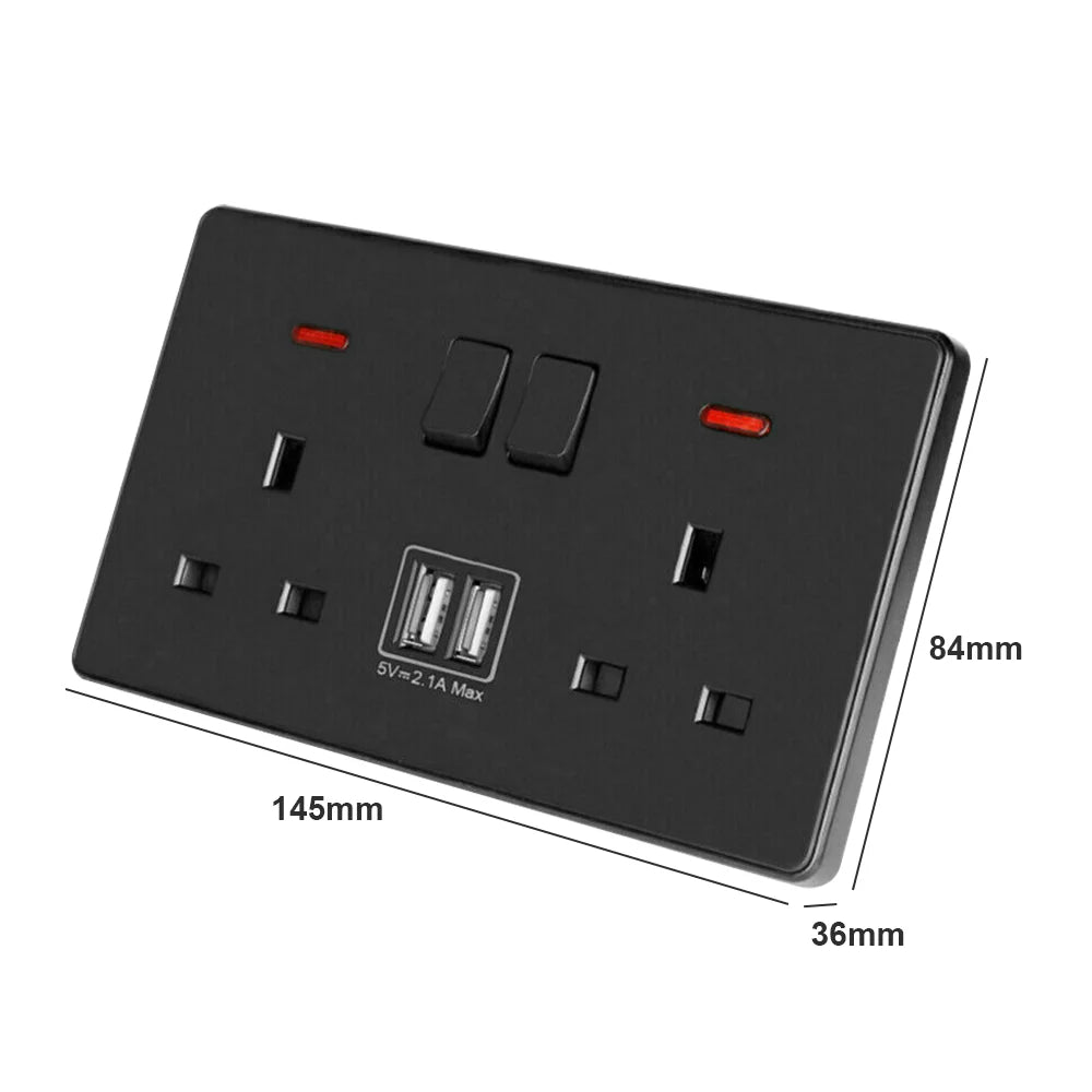 Dual-Wall Plug Socket 3A with 2 USB Charging Ports and Flat Plate - UK Standard