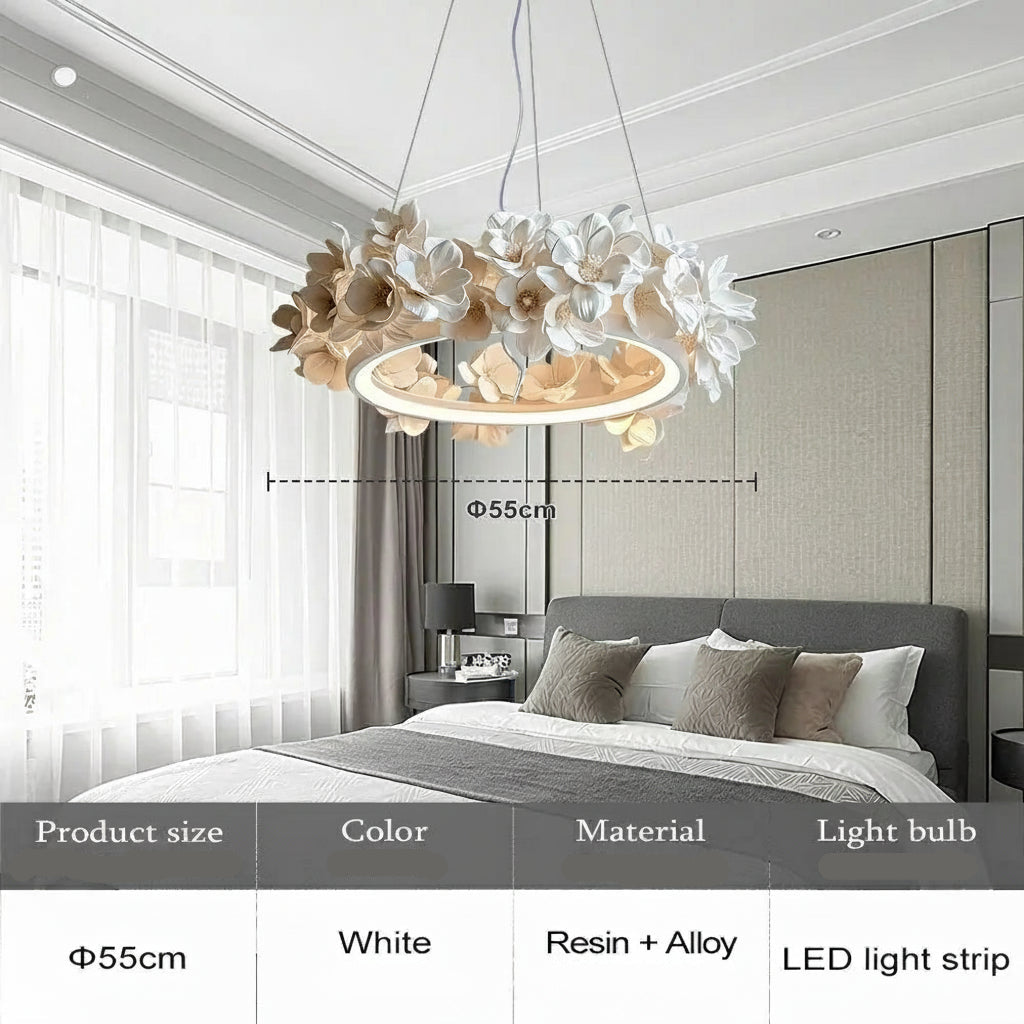 Decorative ceiling light fixture in a bedroom setting with product details overlay.