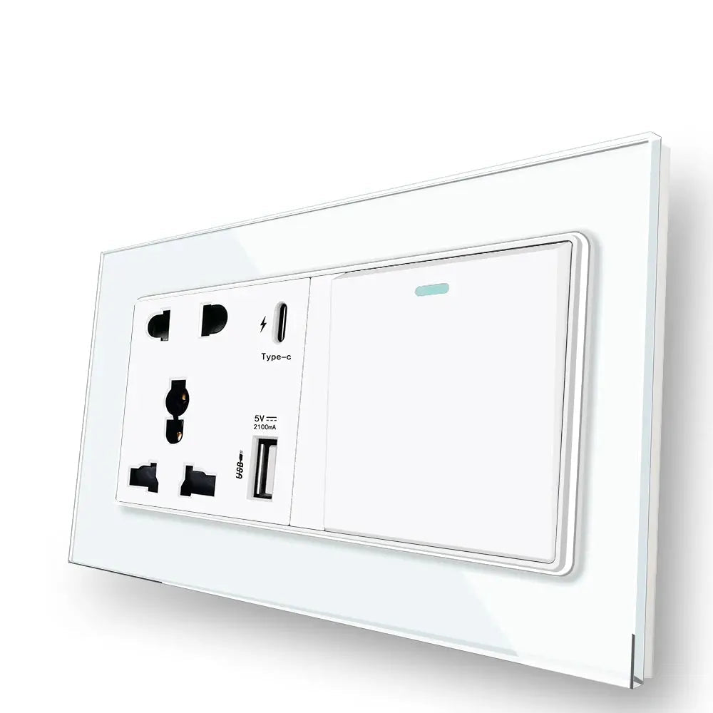 White electrical outlet panel with various sockets on a white background, featuring the Delviz brand.
