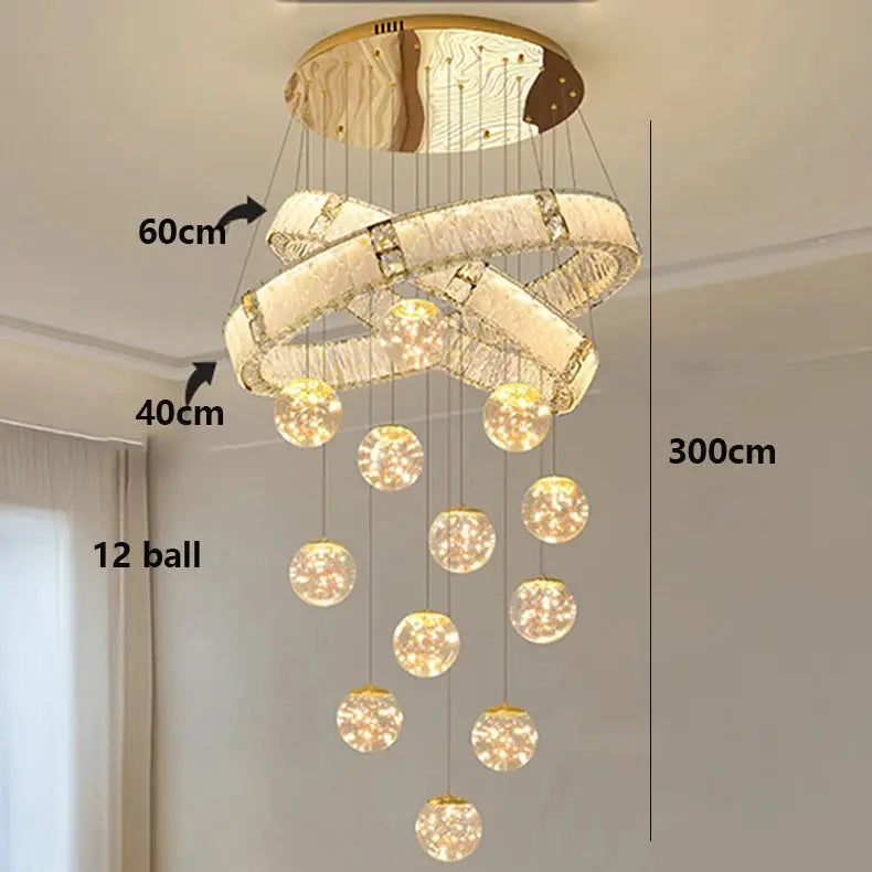 Chandelier with dimensions labeled on a neutral background