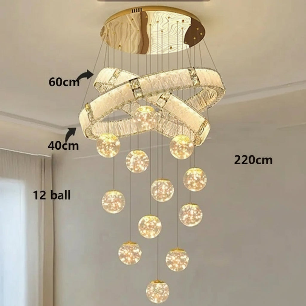 Chandelier with dimensions labeled on a neutral background