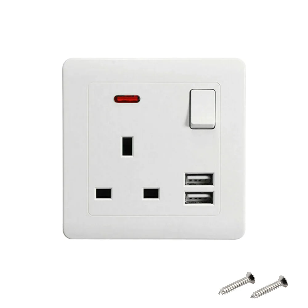 Dual-Wall Plug Socket 3A with 2 USB Charging Ports and Flat Plate - UK Standard