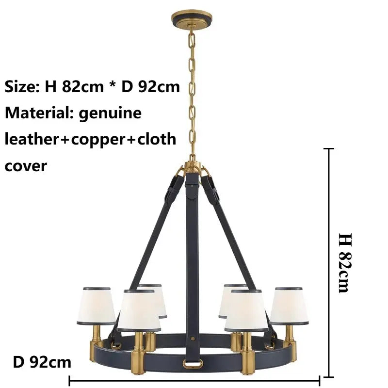 A 5-light chandelier with a navy blue leather frame, brass metal hardware, and white drum shades, shown with dimension lines and text indicating size H 82cm * D 92cm and material details.