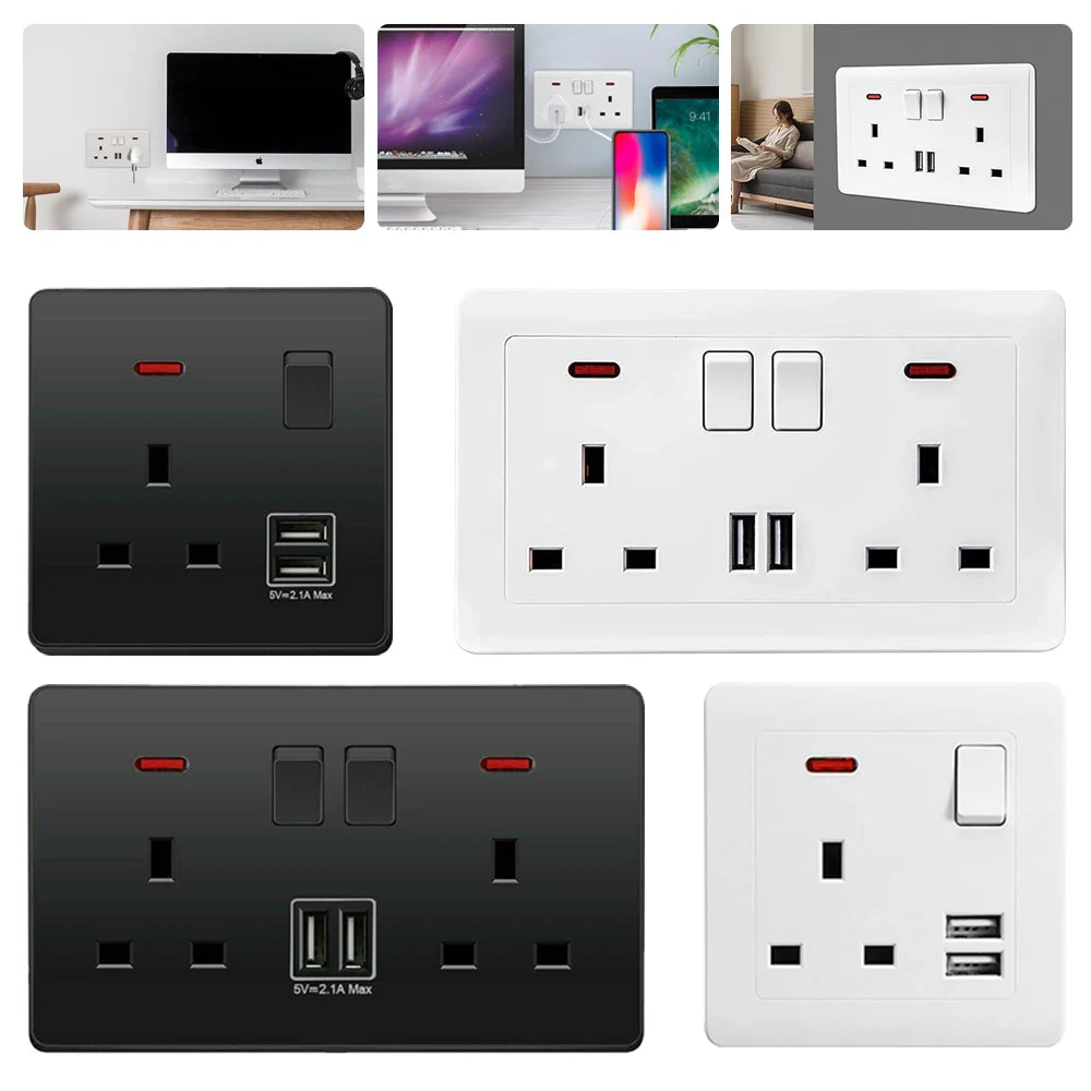 Dual-Wall Plug Socket 3A with 2 USB Charging Ports and Flat Plate - UK Standard