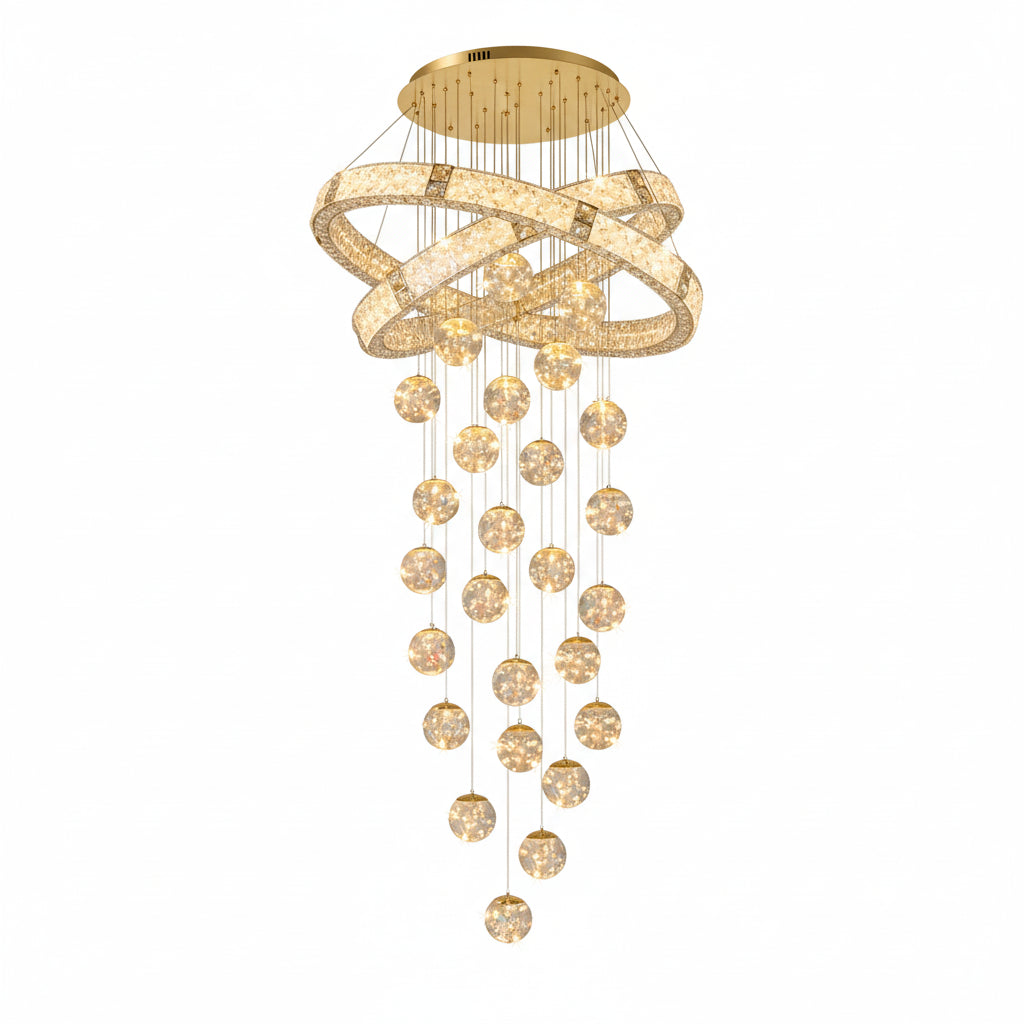 Modern chandelier hanging in a stylish interior setting with large windows and architectural elements.