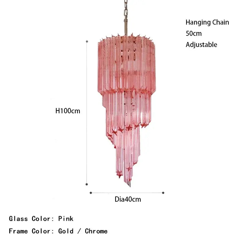 Pink chandelier with dimensions and color options on a white background