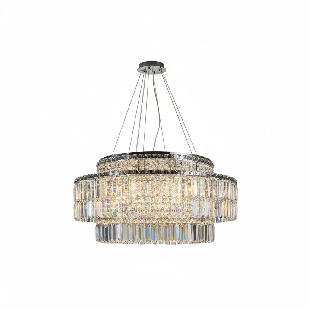 Chandelier with dimensions and specifications on a dark background