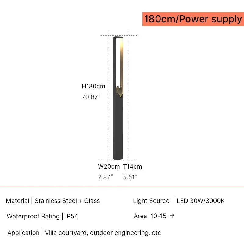 Technical specification diagram of a modern slim outdoor bollard light, showing its dimensions (H180cm, W20cm, T14cm), material (Stainless Steel + Glass), light source (LED 30W/3000K), waterproof rating (IP54), and application scenarios on a white background.