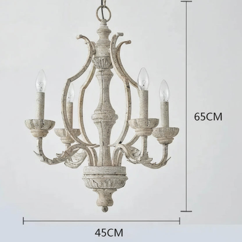 Wooden Chandelier with dimensions on a light gray background