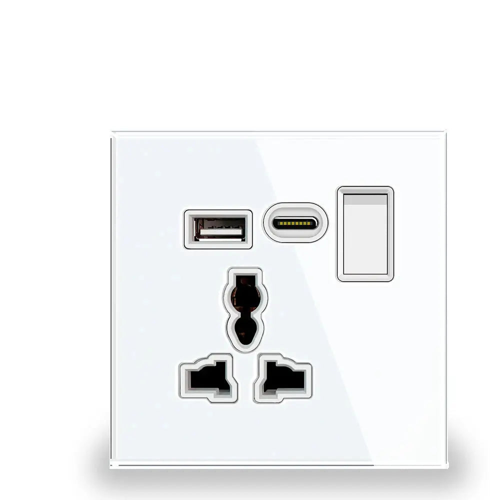Wall socket with USB and electrical outlet on a white background, featuring the brand.