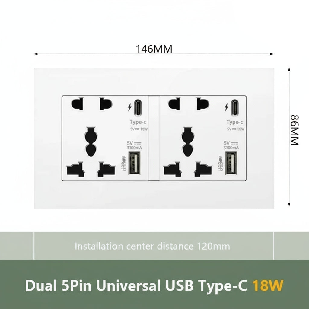 Measurement chart of a dual 5Pin Universal USB Type-C wall socket with dimensions and installation center distance.