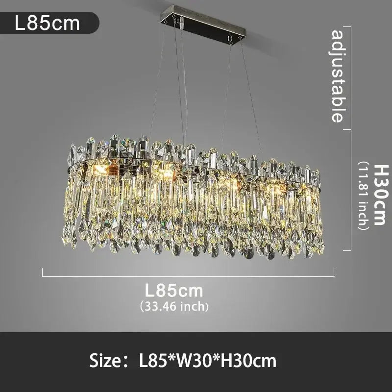Crystal chandelier with dimensions labeled on a gray background