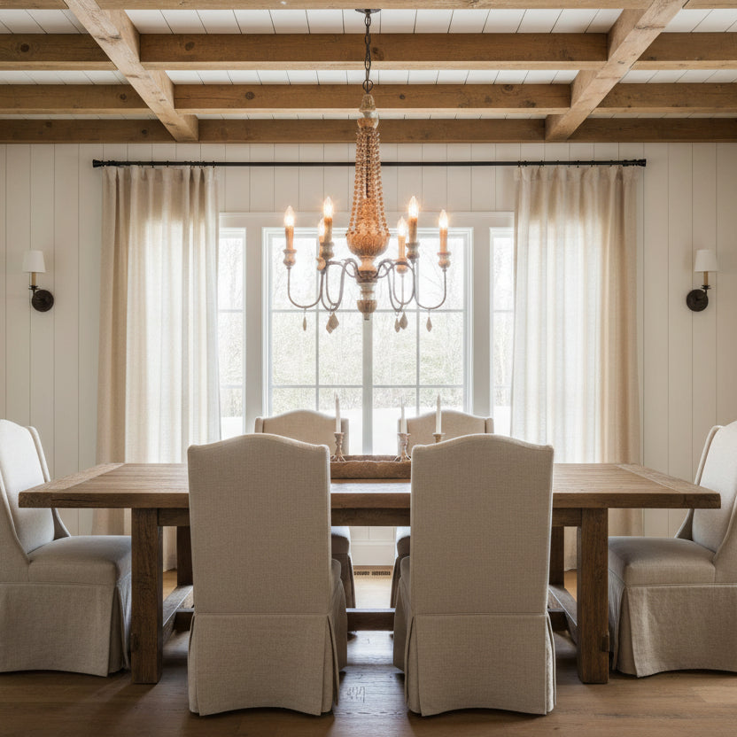 Vintage-style chandelier with wooden beads and candles on a plain background