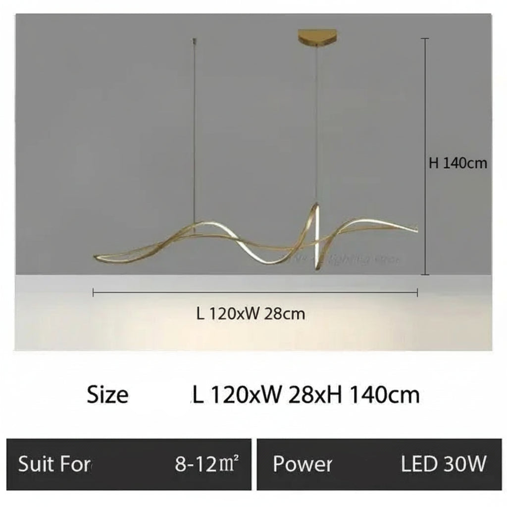 Gold pendant light with dimensions and specifications on a gray background