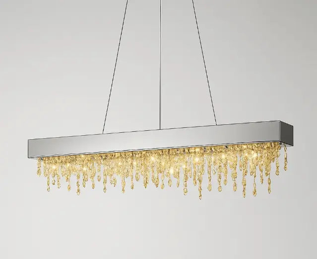 Modern rectangular chandelier with crystal accents on a gray background