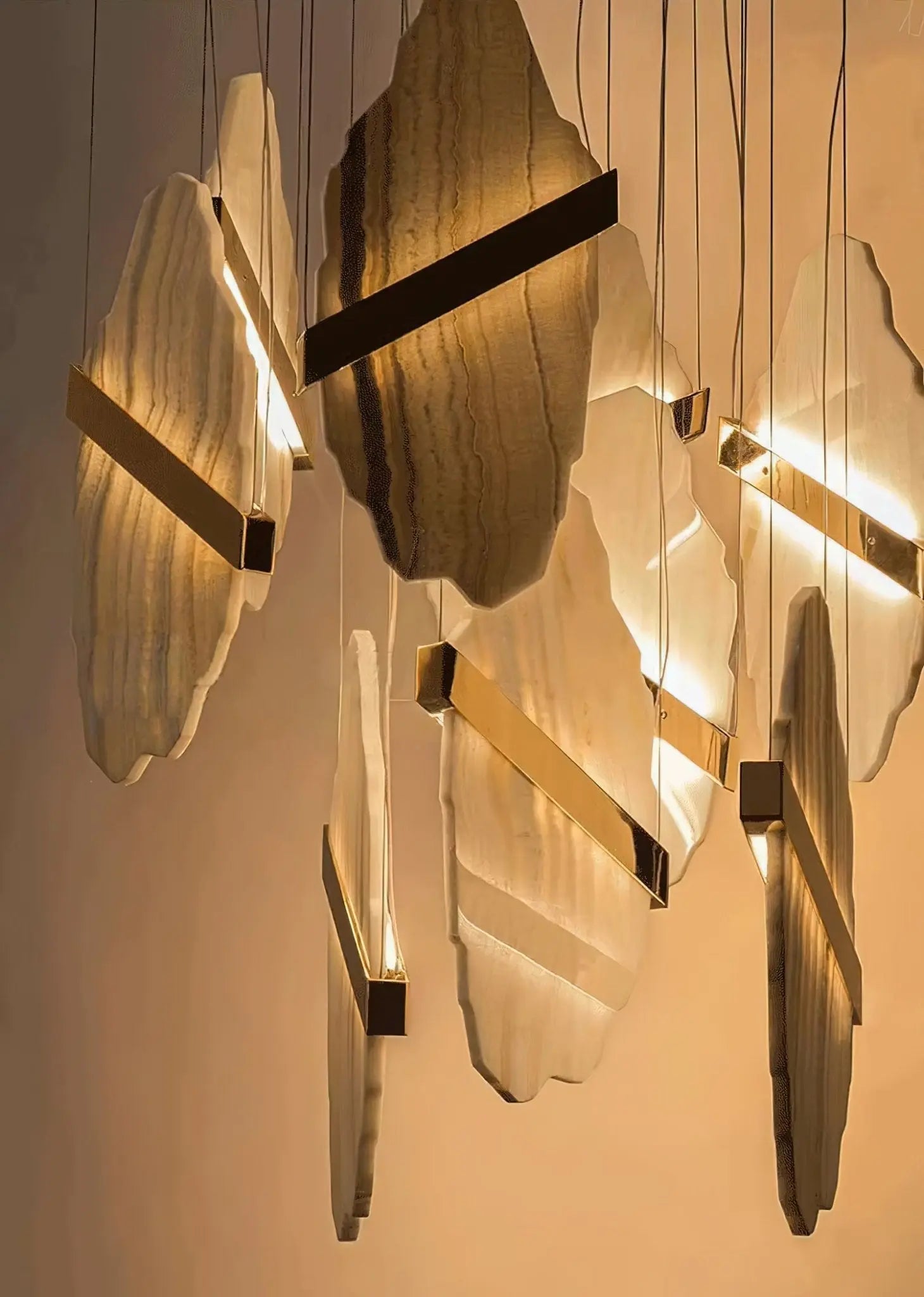 Auralith Gold-White Alabaster LED Chandelier with Seven Panels