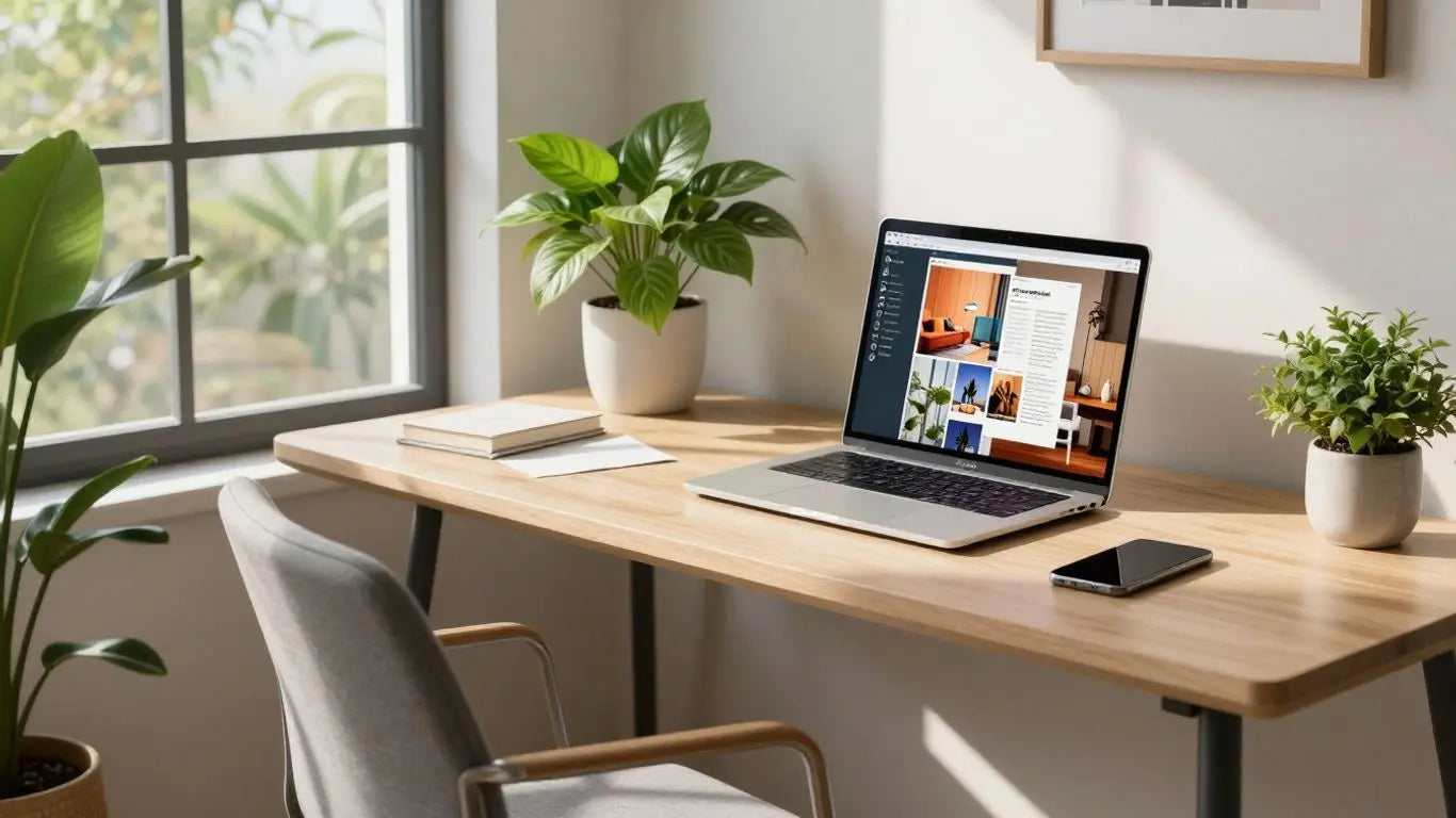 Home office with laptop and design mood board.