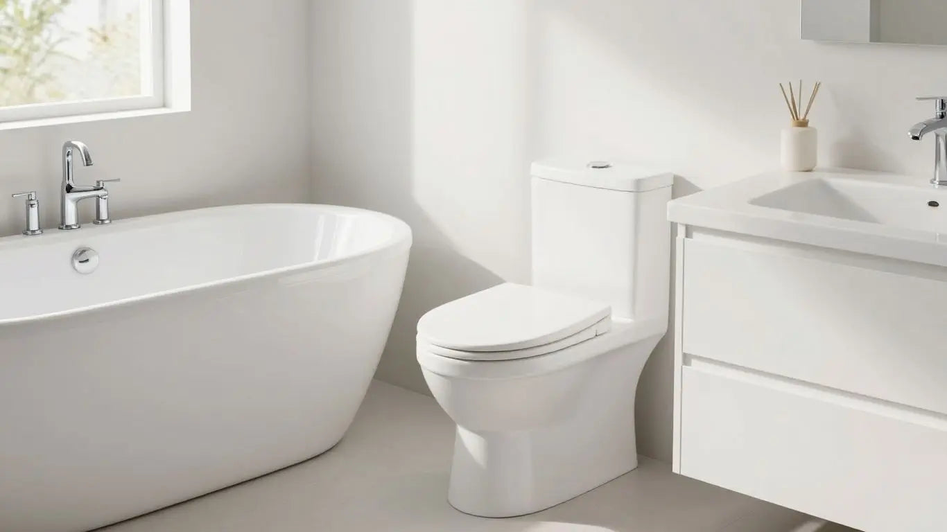 Ex display bathroom suite with tub, toilet, and vanity.