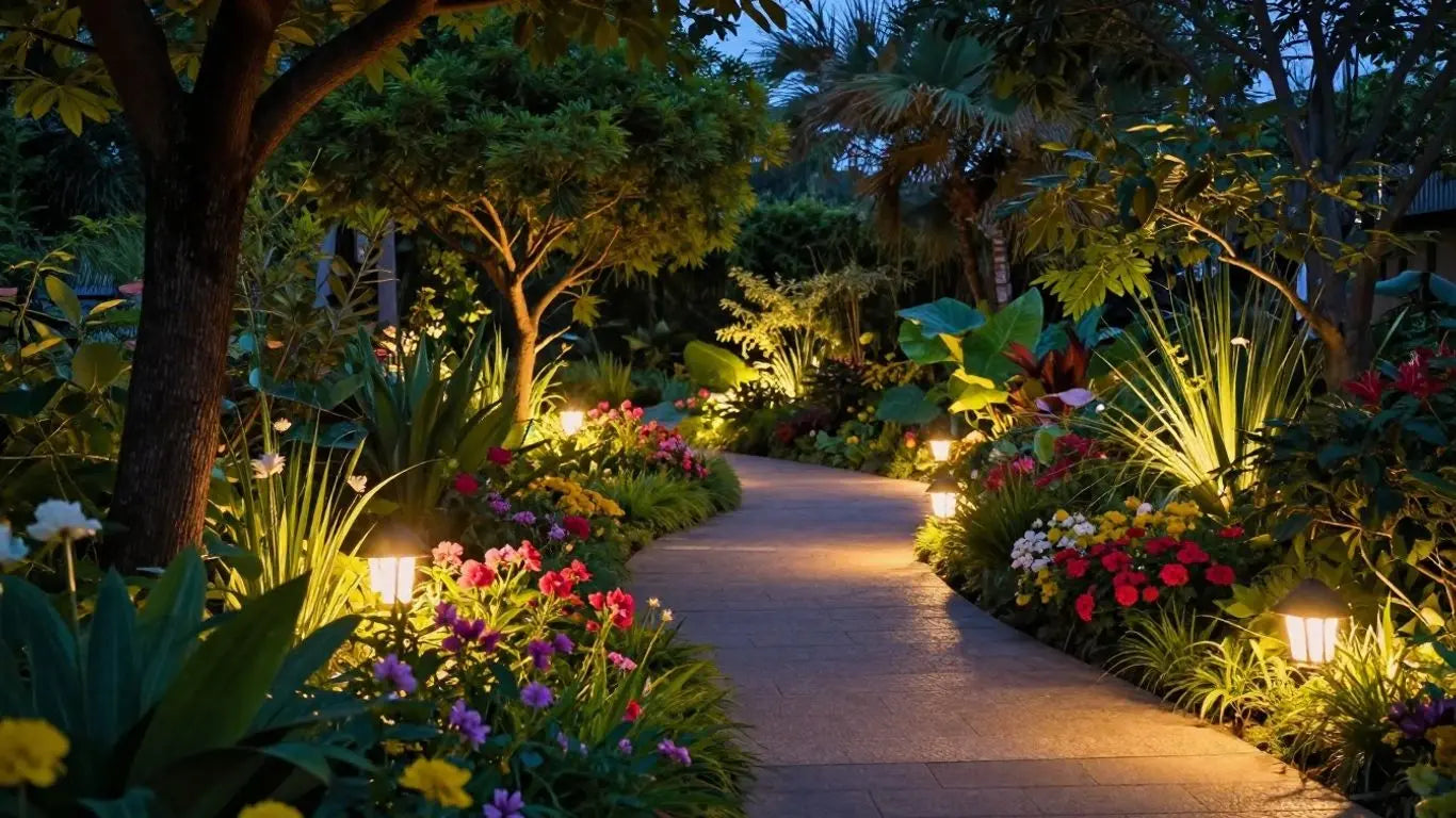 Garden path lit by low voltage lights at dusk.