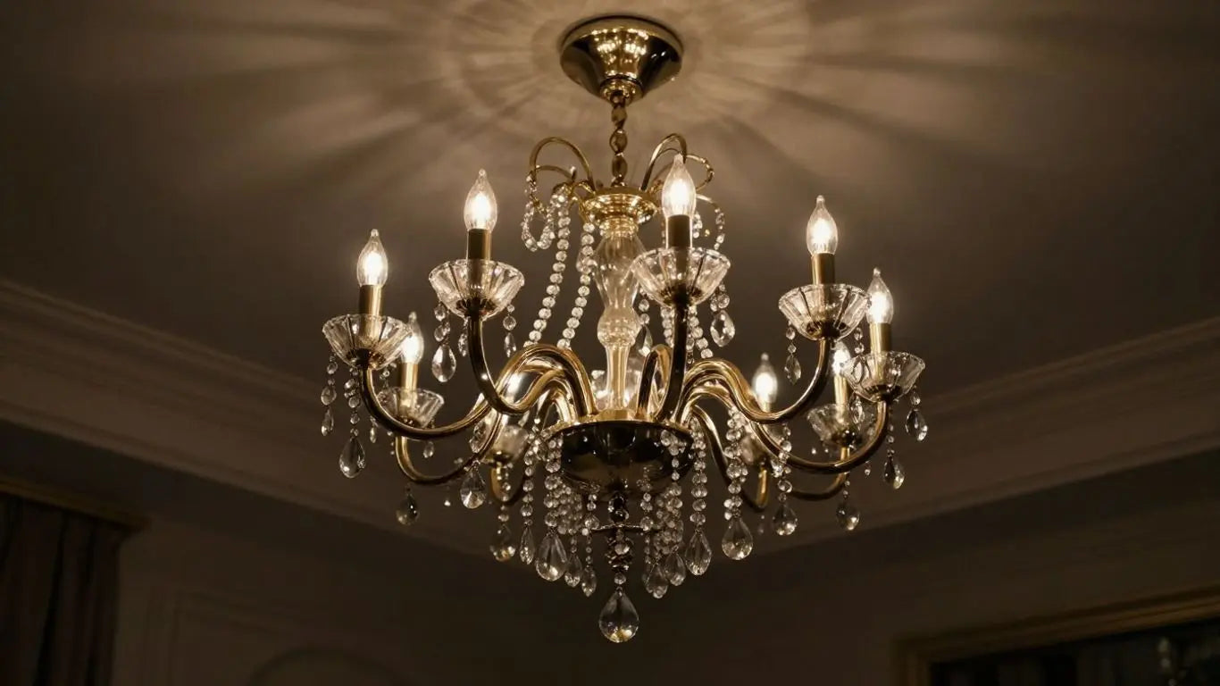 Modern crystal chandelier in a UK home.