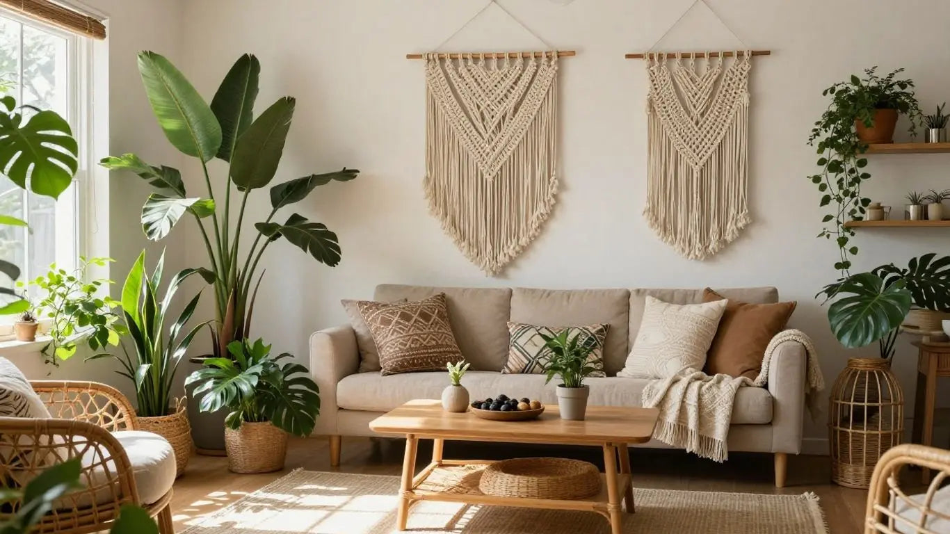 Boho living room with plants and textiles.