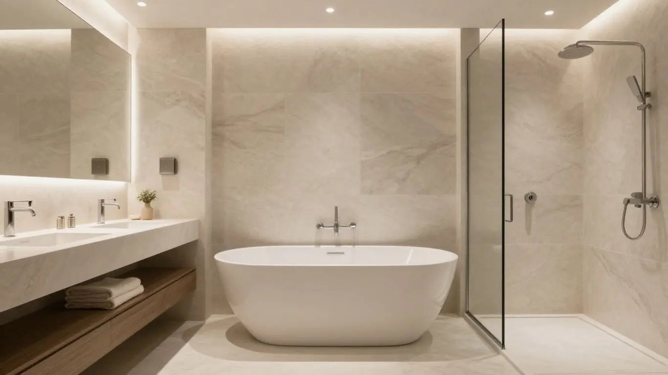 Modern bathroom with soaking tub and walk-in shower.