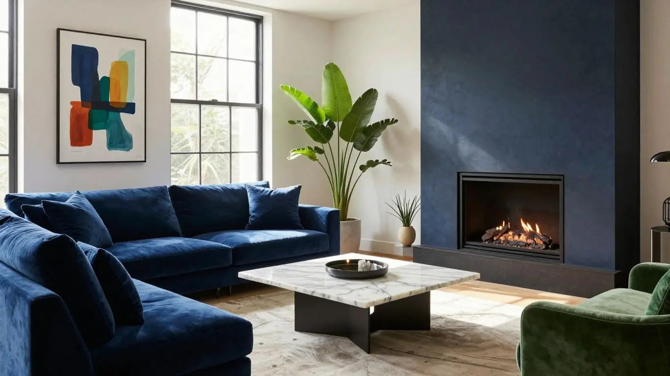 Modern living room with velvet sofas and abstract art.