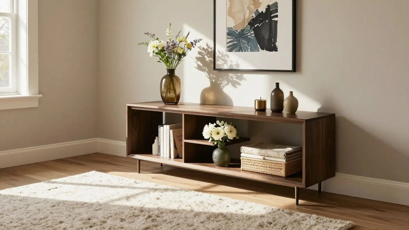 Modern stair landing with decor and natural light.