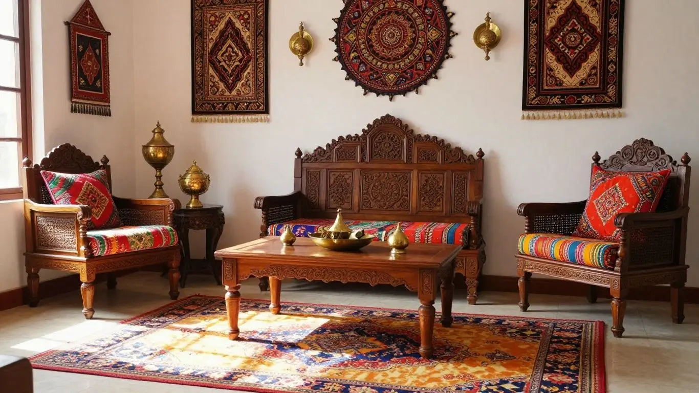 Vibrant Indian living room decor with textiles and brass accents.