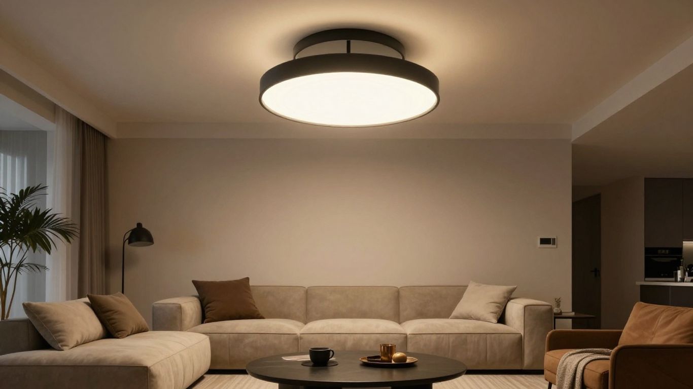 Black ceiling light in a modern living room.