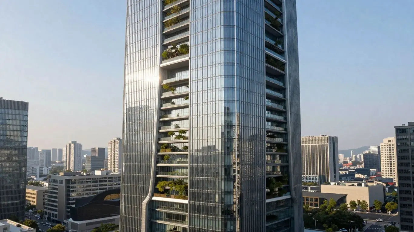 Futuristic skyscraper with glass facade and vertical gardens.
