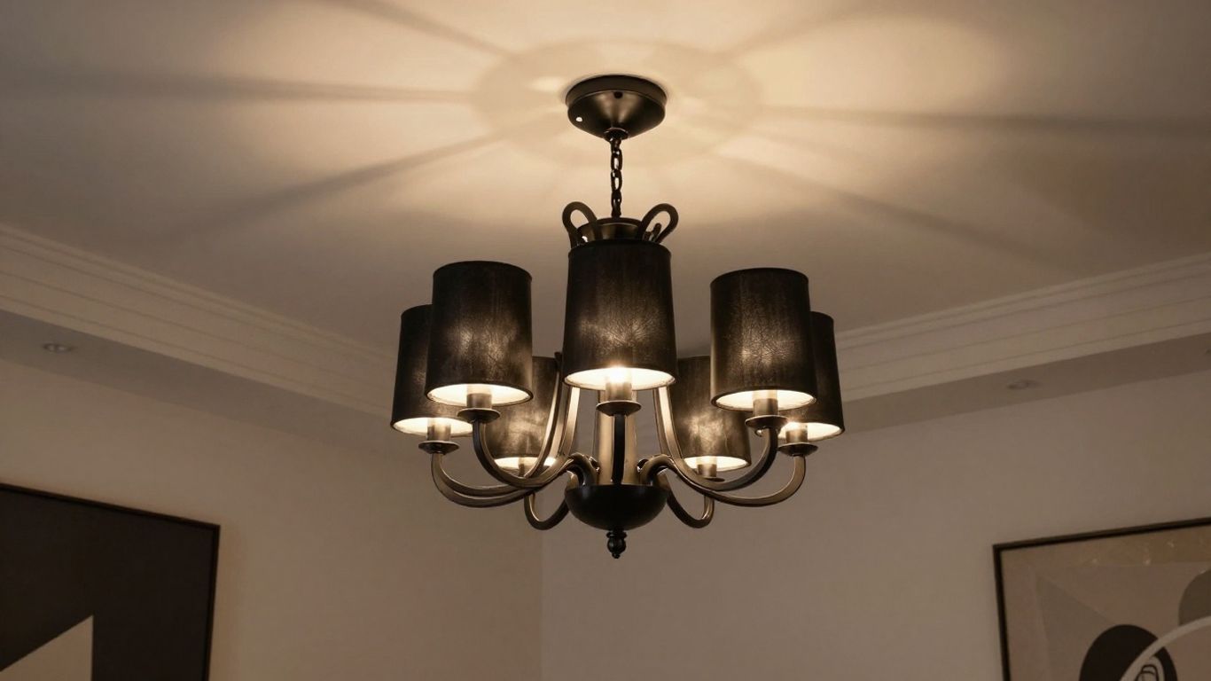 Black chandelier lamp in a modern living room.
