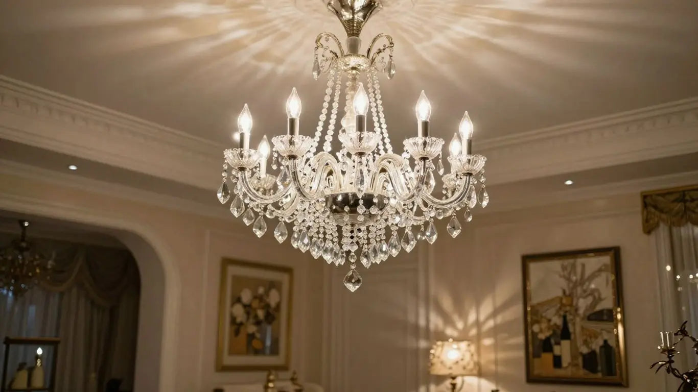 Elegant crystal ceiling light fixture illuminating a luxurious room.