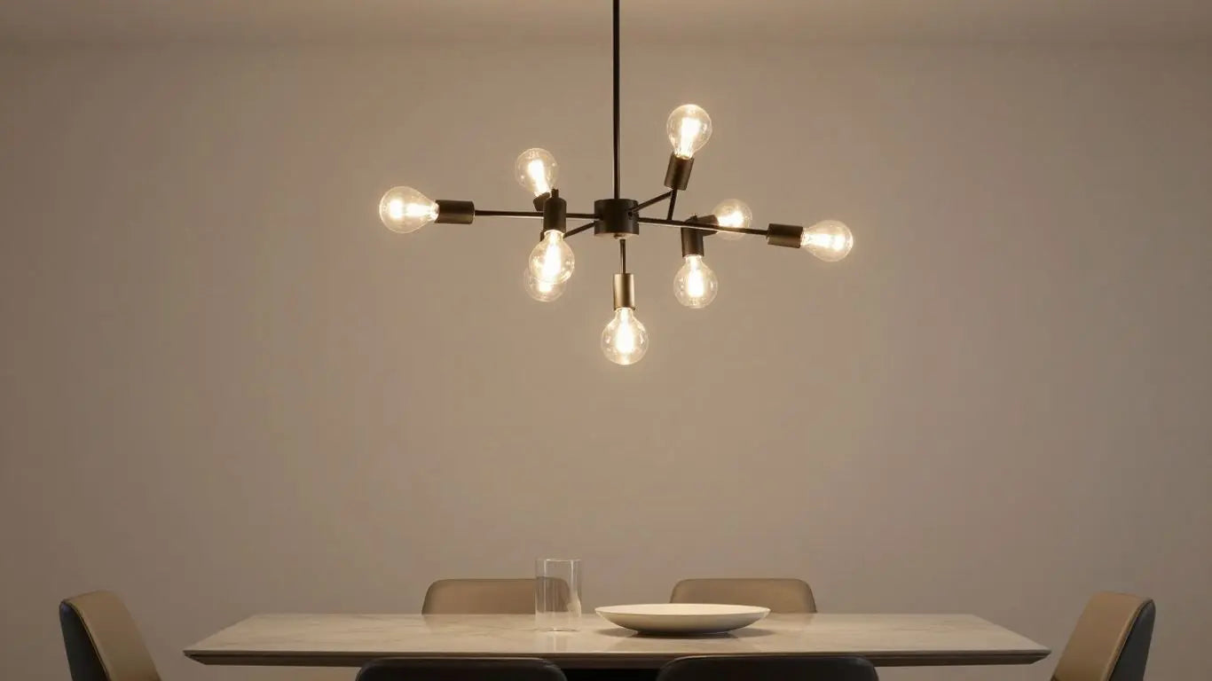 Contemporary chandelier above a modern dining table.
