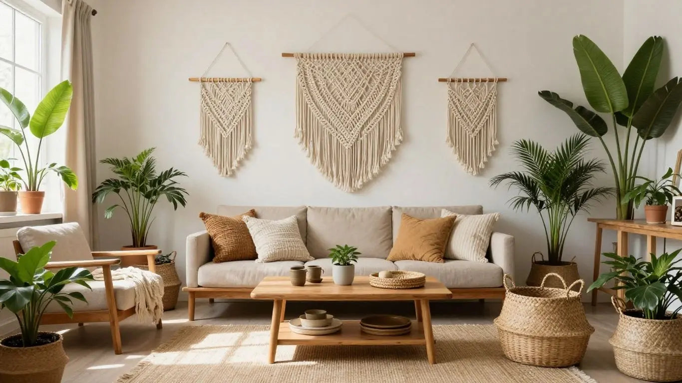 Cozy boho living room with plants and textiles.