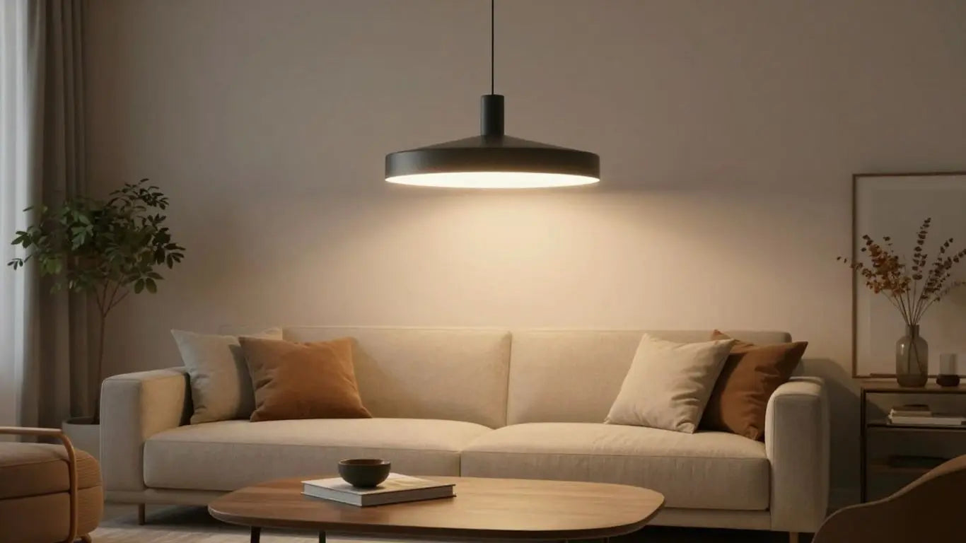 Stylish pendant light illuminating a modern living room.